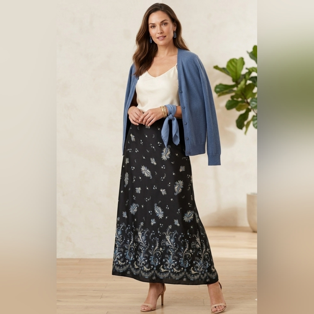 100% Silk Eddie Bauer Maxi Skirt Floral Paisley Black Blue Boho Size 18